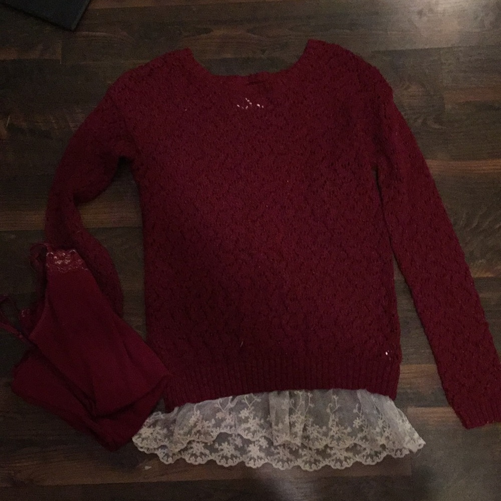 Red and white sweater with lace and tank top